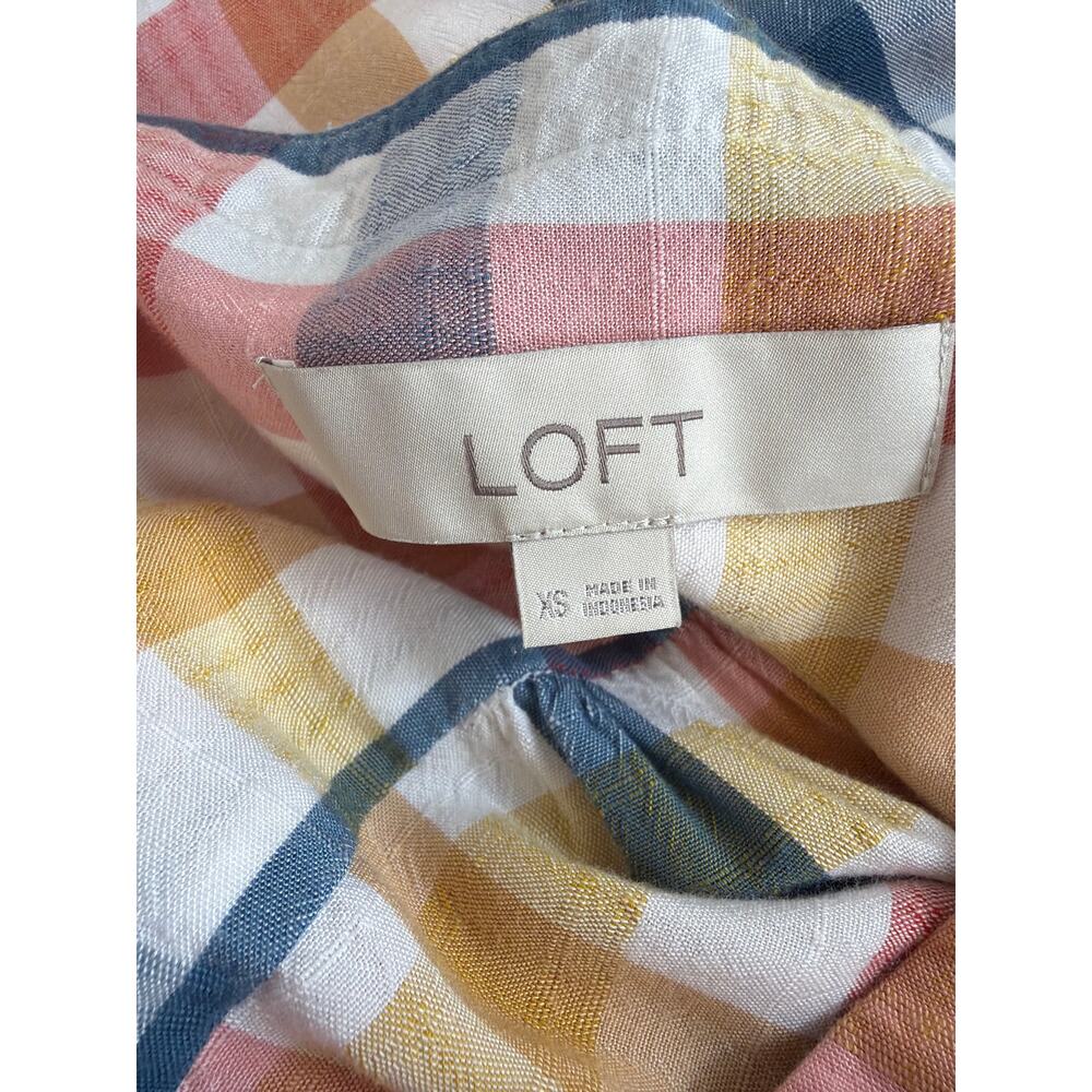 Loft Multicolored Gingham Button Up High Low Hem Rolled Cuff Short Sleeve Top XS - Picture 4 of 6